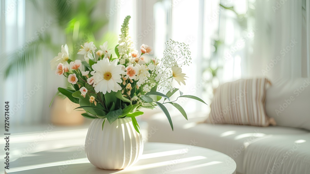 Spring flowers bouquet in vase on table in modern white living room with morning sun light. stylish apartment interior, soft lighting. generative AI Spring flowers bouquet in vase on table in modern white living room with morning sun light. stylish apartment interior, soft lighting. generative AI