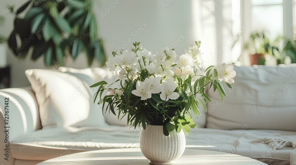 Spring flowers bouquet in vase on table in modern white living room with morning sun light. stylish apartment interior, soft lighting. generative AI Spring flowers bouquet in vase on table in modern white living room with morning sun light. stylish apartment interior, soft lighting. generative AI