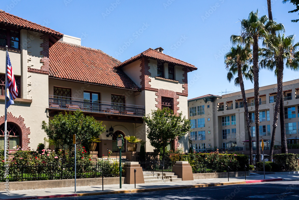 Historical building of the Sainte Claire Club exterior in San Jose, California Stock Photo