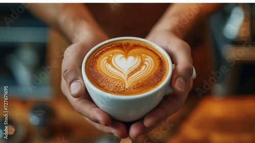 hands of a male barista holding a cup of coffee decorated with a heart on milk foam, poster, banner