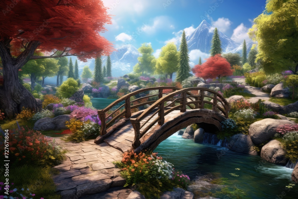 A picturesque frame: arched wooden bridges gracefully spanning spring's waters - obrazy, fototapety, plakaty 