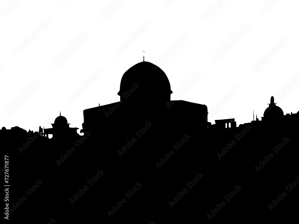 a black silhouette of a mosque building on a white background
