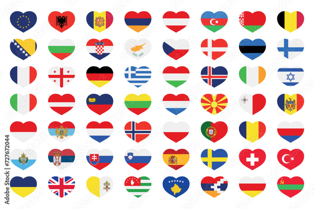 Set of all europe flags in hearts shape - obrazy, fototapety, plakaty 