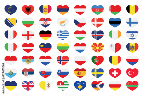 Set of all europe flags in hearts shape photo