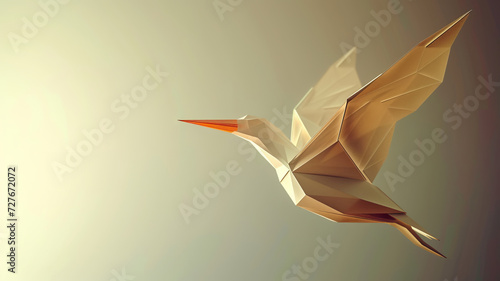 A paper bird in flight, blending art with geometry in a serene, photorealistic depiction, AI Generative.