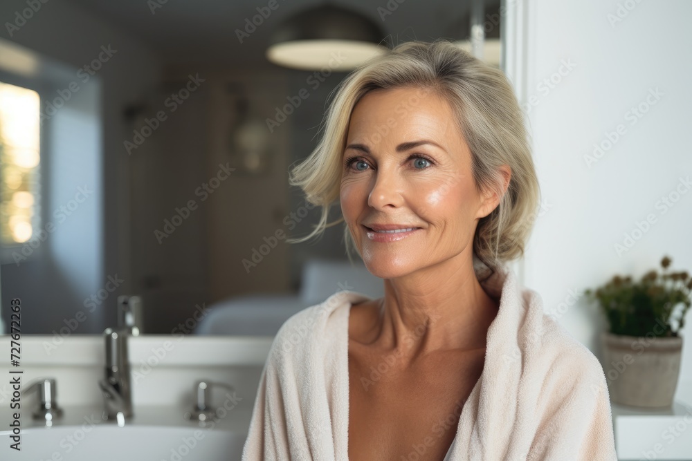 50-year-old blonde who is standing in the restroom. Generative Ai. 50-year-old blonde who is standing in the restroom. Generative Ai.