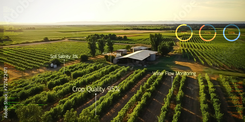 Aerial view of smart data analysis farm dashboard technology, futuristic digital network agriculture system, hi-tech augmented reality and artificial intelligence for crop plant analysis background