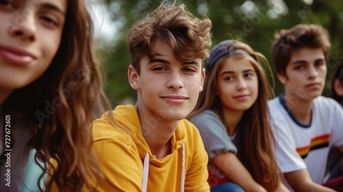 Casual summer day, group of teens with gazes lowered, shared interest