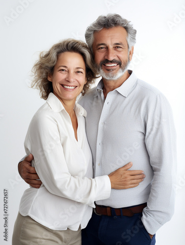 happy couple man and woman, aged 50, smiling, hugging, on white background, AI Generation