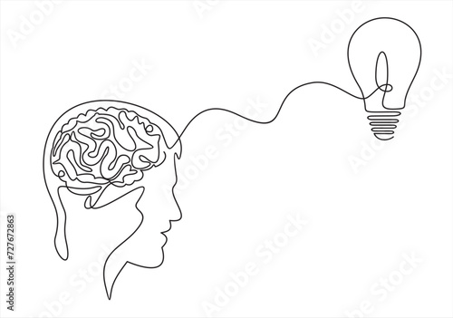Continuous one line drawing light bulb symbol idea.The concept of thinking ideas the person's head
