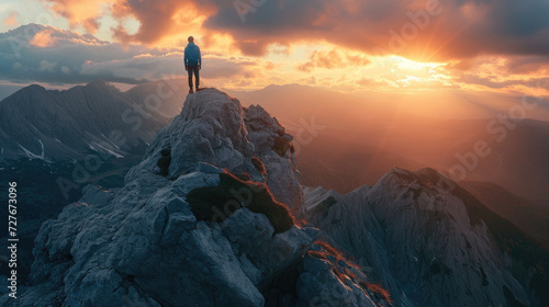 A climber on a high mountain peak at sunrise with amazing light and sky