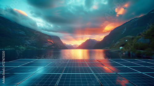 Solar panels in Norwegian fjord landscape.