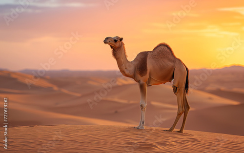 Camel in the desert with sunset background . Generative AI