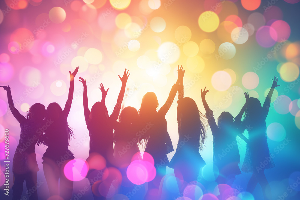 Group of people standing and raising hands in Silhouettes style, Silhouettes of people dancing, A concept photograph of party and festivity in silhouette form on abstract colorful Bokeh background Group of people standing and raising hands in Silhouettes style, Silhouettes of people dancing, A concept photograph of party and festivity in silhouette form on abstract colorful Bokeh background