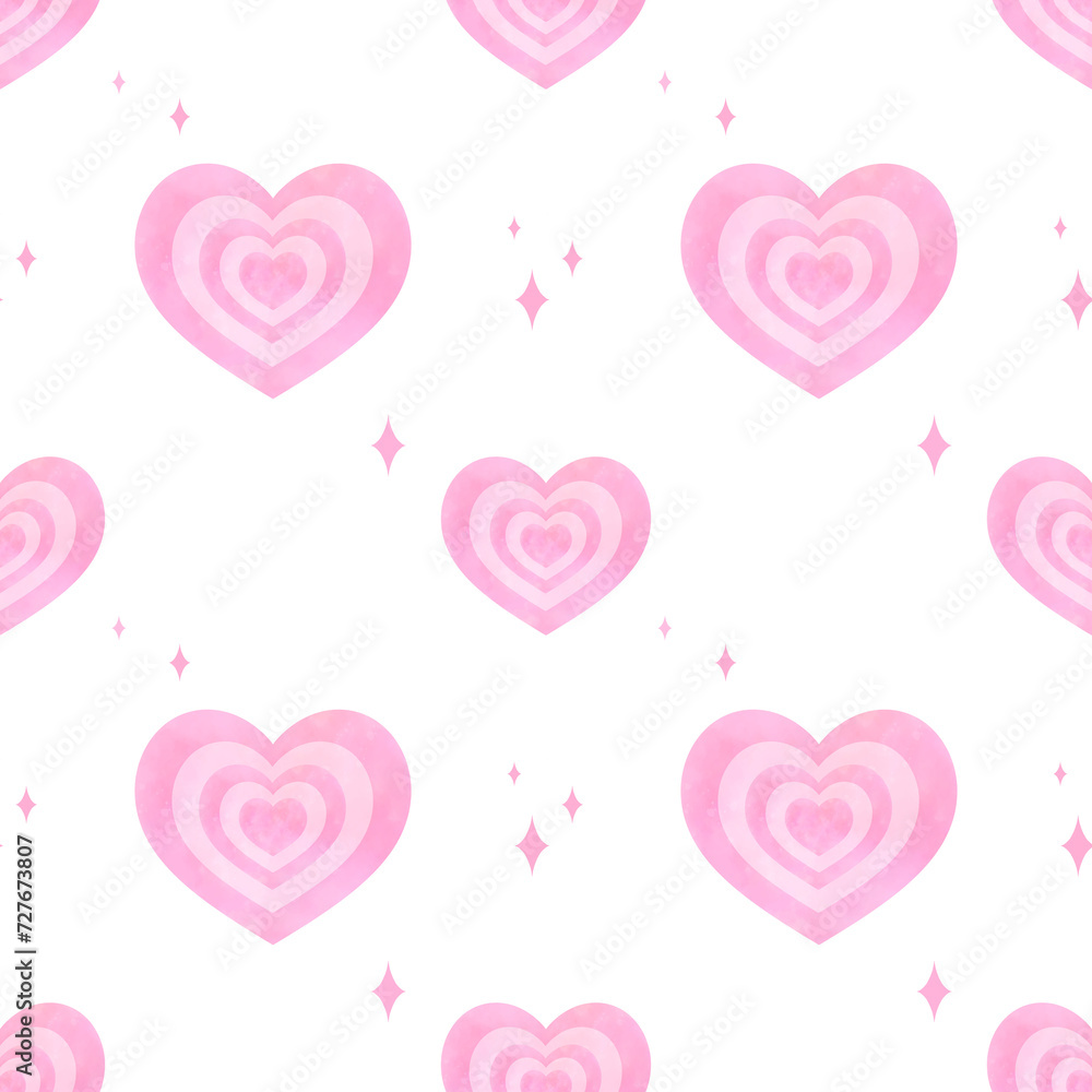 pink love heart with sparkle seamless pattern y2k retro groovy watercolor romantic Valentine's day 