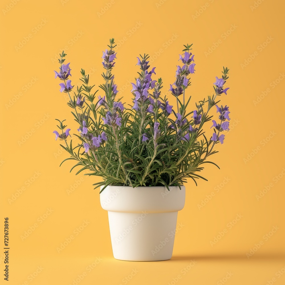 Rosemary in a pot, minimalist style, isolated on a simple yellow background. This professional image consists of a subtle gradient. soft shadows It emphasizes the overall elegance of the scene.