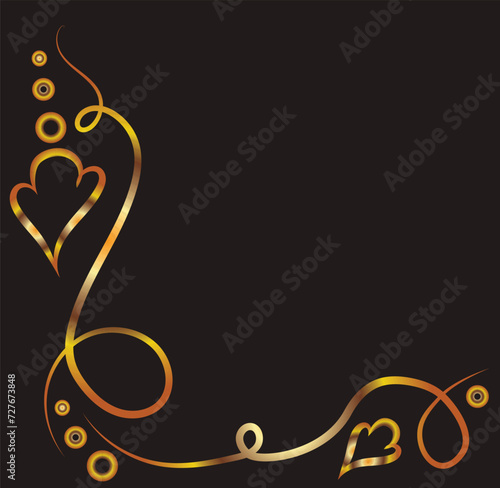 Fantasy ornament with hearts and curls. Ornament, applique, background with space for an inscription. Gold gradient on a black background for printing on fabric, applique and cards.
