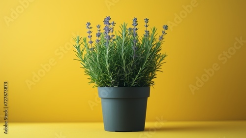 Rosemary in a pot  minimalist style  isolated on a simple yellow background. This professional image consists of a subtle gradient. soft shadows It emphasizes the overall elegance of the scene.
