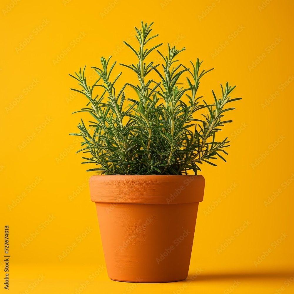 Rosemary in a pot on a yellow background Rosemary in a pot on a yellow background
