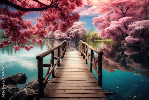 A picturesque frame  arched wooden bridges gracefully spanning spring s waters