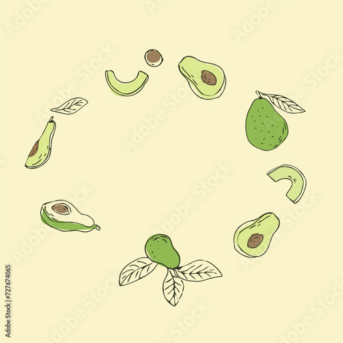 Set of avocado fruits outline Hand drawn background on yellow backdrop. Vector illustration isolated. Can used for wrapping, packaging, poster, cover design, textile and backdrop for cosmetic and food