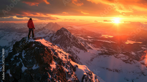 A climber on a high mountain peak at sunrise with amazing light and sky © boxstock production