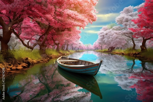 A tranquil voyage through the blossoming waters of spring.   Sailing into the season of renewal