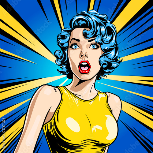 Surprised happy excited young attractive woman with blue hair, wide open blue eyes and open mouth over blue-yellow comic rays, vector illustration in vintage pop art style photo