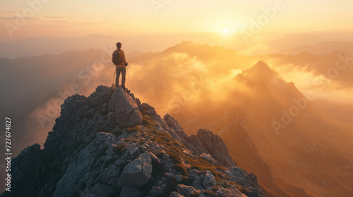 A male adventurer at the top of a mountain with a stunning view of the sunrise over a rugged landscape