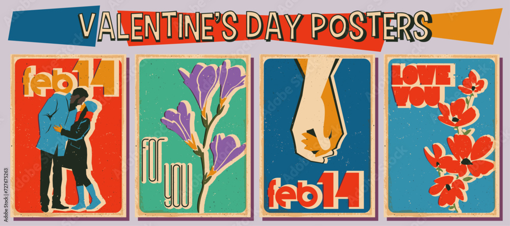 Valentine's Day Posters, Retro style Illustrations, Couple of Lovers, Flowers, Cross hands, Love Postcards