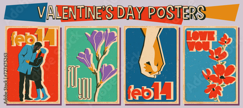 Valentine s Day Posters  Retro style Illustrations  Couple of Lovers  Flowers  Cross hands  Love Postcards