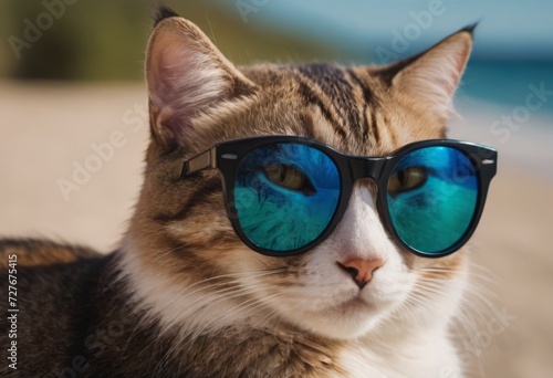 funny cat in round sunglasses close-up