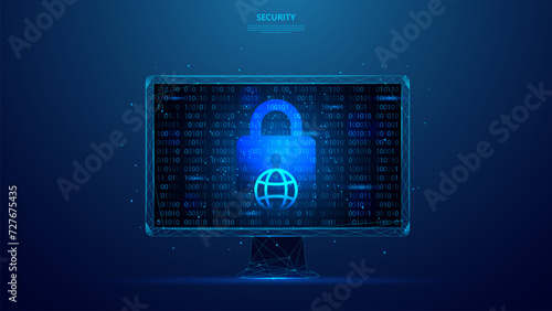 network security concept, binary code, locked padlock and network icon. blue low poly style background.
