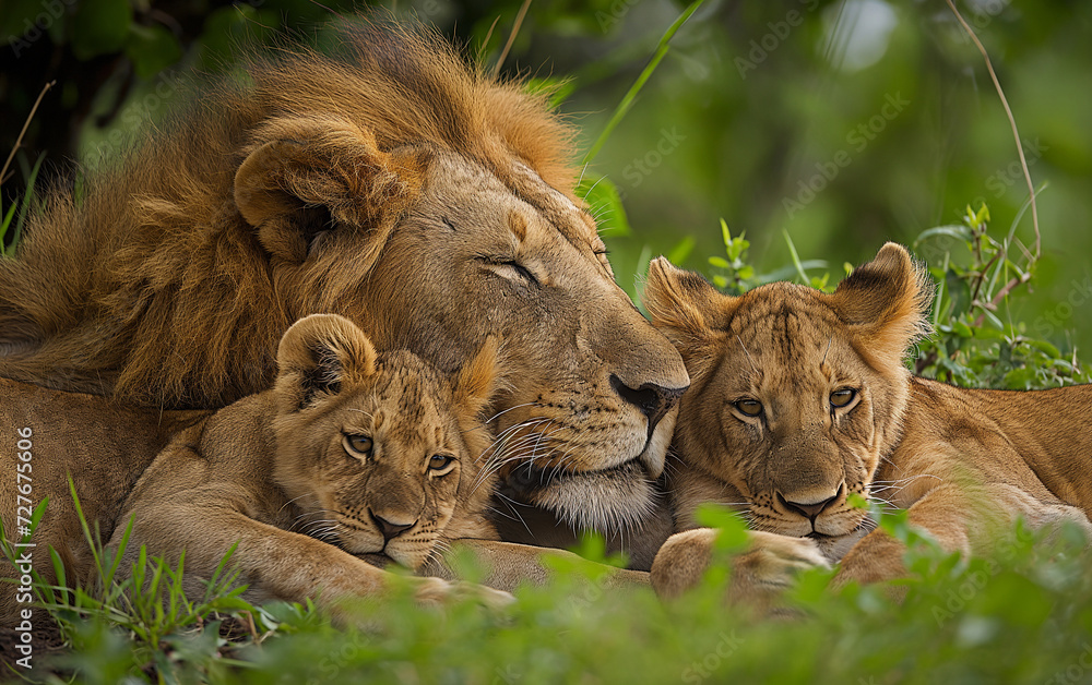 Lion sleeping with baby lion in meadow. Generative AI Lion sleeping with baby lion in meadow. Generative AI