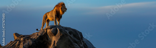 Lion standing on top ofthe mountain panorama view with blue sky background. Generative AI