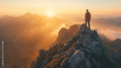 A male adventurer at the top of a mountain with a stunning view of the sunrise over a rugged landscape