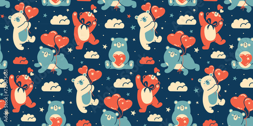 Funny seamless wallpaper with bear cubs and hearts. Bright vector background. Simple hand drawn backdrop. Simple animal print for baby party template or kids supplies design