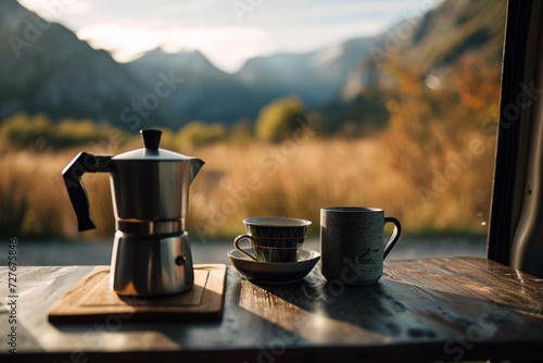 Moka pot and a mug inside a campervan with mountain views photo