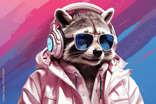 illustration of a raccoon wearing a headset on its head in a pink style © IOLA