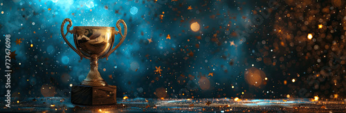 gold gaming trophy on a table with blue confetti championship cup or winner trophy in golden and silver shiny chrome with celebration confetti