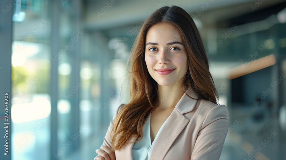 portrait of successful young businesswoman consultant looking at camera and smiling inside modern office building portrait of successful young businesswoman consultant looking at camera and smiling inside modern office building