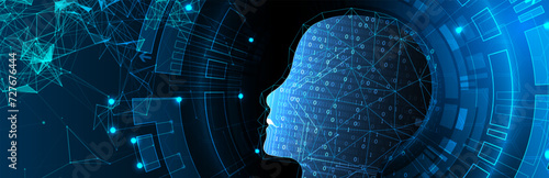 Artificial Intelligence. Technical background with a silhouette of a man. Big data concept. Machine cyber mind.