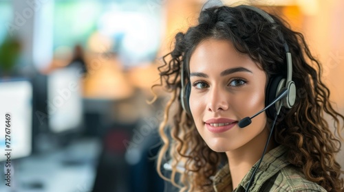 Young woman call center operator, headset in action, committed to help