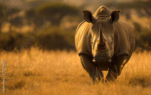 Front view of Rhino in medow of savanna africa. Generative AI