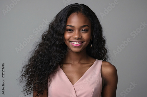 studio fashion portrait of a smiling young woman