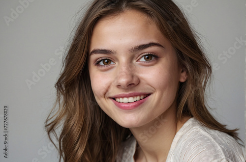 studio fashion portrait of a smiling young woman