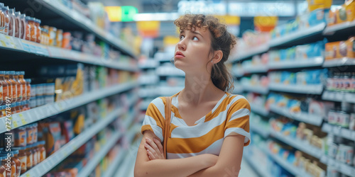 customer looking at an array of product choices in a retail store, showing a variety of emotions from confusion to satisfaction photo