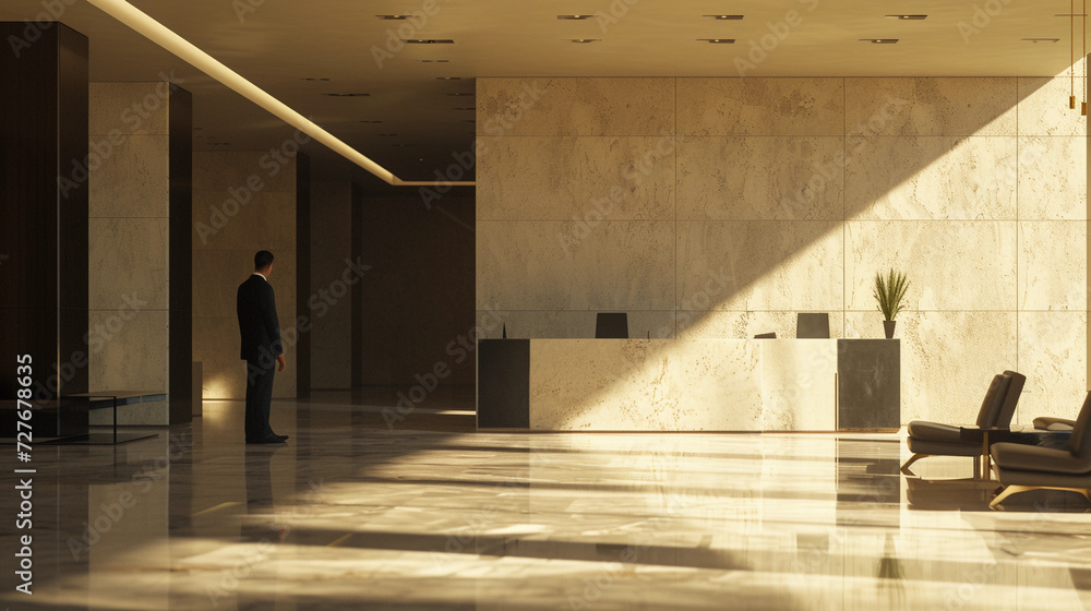 candidate alone in thought, detailed textures of office lobby, natural light casting shadows, a distant view of the interview room, a mix of hope and uncertainty in the air candidate alone in thought, detailed textures of office lobby, natural light casting shadows, a distant view of the interview room, a mix of hope and uncertainty in the air