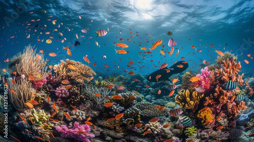 coral reef teeming with marine life, captured in brilliant colors and fine detail, showcasing the growth and diversity of an underwater ecosystem © Marco Attano