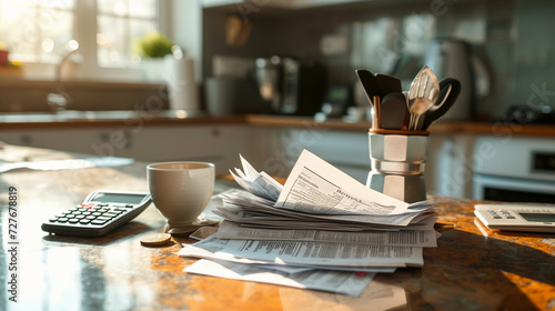 stack of overdue utility bills and final notices on a kitchen counter, with a coffee cup and a calculator beside them, morning light streaming in, highlighting the severity of the financial situation photo